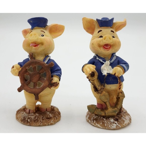 Sailor Pig figurines with anchor, helm. LOT OF 2 Resin 2.5in tall. Vintage Farm - Picture 13 of 13